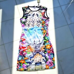 Rome Scenic And Floral Colosseum Print Sleeveless Dress Black Edging Stretch L
